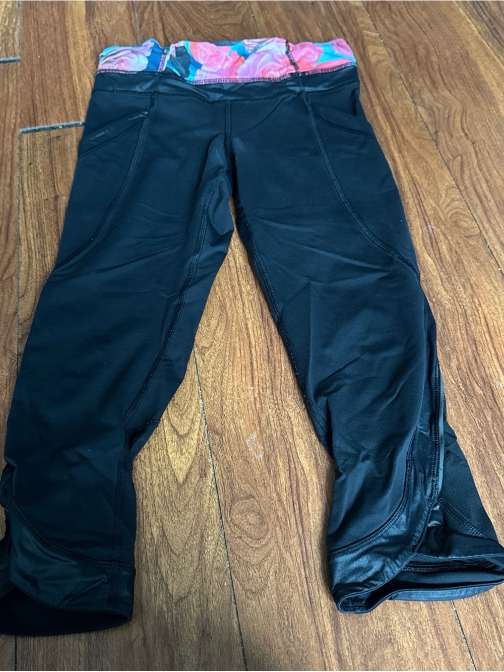 lululemon athletica Black Capri Leggings with Pink Floral Waistband